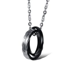 【新品】 [Rockyu] ブランド ペアネックレス メンズ ブラック チタンリング 2連リング ペンダント 刻印入 カップル アレルギー対応 I Will Always Be with You ジュエリー