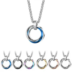 【新品】 [LinnWell] ネックレス メンズ レディース ファッション人気アクセサリー 三連リング ペンダント ステンレスネックレス 誕生日 記念日プレゼント (ブルー)
