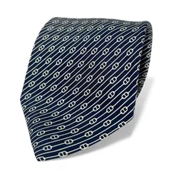未使用品▲HERMES エルメス 5500 UA シルク100％ シェーヌダンクル柄 総柄 ネクタイ ネイビー 箱付き フランス製 メンズ