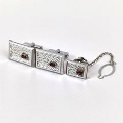 カフスボタン ネクタイピン セット シルバーカラー ルビー3点セット