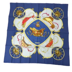 HERMES エルメス カレ90 springs 馬車 馬具モチーフ シルク スカーフ ネイビー系 マルチカラー系【中古】