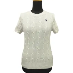 良品 RALPH LAUREN ラルフローレン 半袖 ケーブル ニット セーター ロゴ 刺繍 コットン S 白 ホワイト レディース 古着 中古 USED