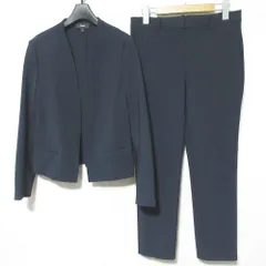 美品 Theory セオリー SETTLE ストレッチ ノーカラージャケット パンツ スーツ セットアップ 01-0104118/01-9306458 サイズ2 ネイビー レディース 古着 中古 USED