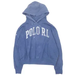 美品 POLO RALPH LAUREN ポロラルフローレン ロゴプリント パーカー フーディー プルオーバー ダメージ加工 XL ネイビー キッズ 古着 中古 USED