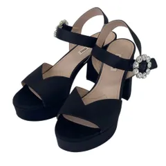美品 miu miu ミュウミュウ ビジューバックル プラットフォーム サテンサンダル サイズ37.5 24.5cm相当 ブラック レディース 古着 中古 USED