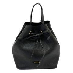 美品】フルラ リュック バックパック 巾着 レザー 黒 クロスジップ