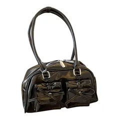 【新品】 [ＫＳＬＡＴ] リボン付き 大容量 バッグ ファッション ショルダーバッグ ハンドバッグ 手持ちバッグ ダブルポケット PUレザー 脇の下バッグ 肩掛けバッグ ソリッドカラー 旅行 Y2k スクールバッグ 可愛い(Free Size黒) 0