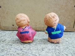 伝統工芸品】中国天津工芸品 泥人形 2体セット 唐子 わらべ 置物