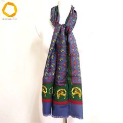 #ae グッチ GUCCI ロング スカーフ 青 緑 赤 ホースビット柄 馬 ストール ショール シルク 絹 オールドグッチ イタリア製 [857386] k01