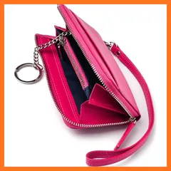 【新品】 ミニ財布 レディース L字ファスナー 本革 小さい財布 小銭入れ キーリング ストラップ付 (ローズピンク) 0