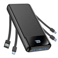 大容量【60000mAh大容量?6台同時に充電?急速充電】 軽量 小型 4つのケーブル内蔵 最大出力2.4A ケーブル内蔵一体型 LCD残量表示 PSE技術認証済 安全回路保護 Type-C入力/出力ポートiOS/Android各種スマホ対応 携帯充電器 スマ