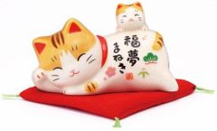まねきねこ 薬師窯 彩絵 招福招き猫 福夢招き猫 (親子) 茶とら 眠り猫 小さい招き猫 開運 風水 縁起物 インテリア 置き物 ラッピング無料