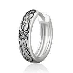 KRKC&CO フープピアス ハワイアンジュエリー 片耳 レディースピアス 15mm プルメリア 彫り 金属アレルギー対応 シルバー/ピンク/ゴールド/ブラック リングぴあす 男女兼用 14金メッキ 18G シンプル おしゃれ (ブラック-花弁4枚)