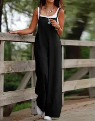 【ブラック】サロペット レディース オールインワン ワイドパンツ ゆったり 楽ちん 体型カバー 夏 ナチュラル カジュアル