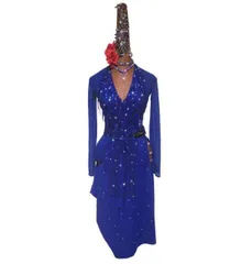 新品未使用 新作 社交ダンス衣装　ラテンワンピースドレス　ロイヤルブルー オーダーメイド ダンスウェア ラテンダンス 舞台 発表会 ダンス衣装 社交ダンス