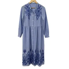 グレースコンチネンタル ワンピース サイズ38 M レディース美品  - ブルー×白 Vネック/長袖/マキシ丈/ストライプ/刺繍/シャツワンピ