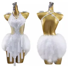 新品未使用 新作 ラテンドレス ワンピース ストーン キラキラ 羽毛 ホワイト オーダーメイド ダンスウェア ラテンダンス 舞台 発表会 ダンス衣装 社交ダンス