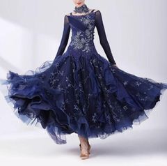 スパンコール】新品 紺 花柄レース ステージ社交ダンス用ワンピース