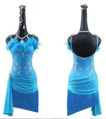 新品未使用 新作 ラテンワンピースドレス　社交ダンス衣装 羽毛  ブルー  オーダーメイド ダンスウェア ラテンダンス 舞台 発表会 ダンス衣装 社交ダンス