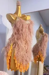 新品未使用 新作 オーダーメイド 社交ダンス衣装　ラテンワンピースドレス　豪華 羽根 SML ダンスウェア ラテンダンス 舞台 発表会 ダンス衣装 社交ダンス