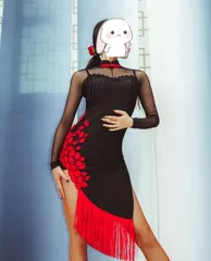 新品未使用 新作 社交ダンス衣装　ラテンワンピースドレス　刺繍 ブラック＋レッド　オーダーメイド ダンスウェア ラテンダンス 舞台 発表会 ダンス衣装 社交ダンス