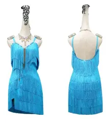 新品未使用 新作 新作ラテンワンピースドレス　社交ダンス衣装  ブルー オーダーメイド ダンスウェア ラテンダンス 舞台 発表会 ダンス衣装 社交ダンス