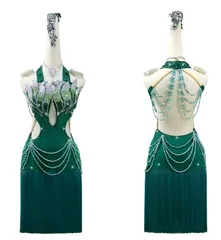 新品未使用 新作 社交ダンス衣装 ラテンワンピースドレス グリーン オーダーメイド ダンスウェア ラテンダンス 舞台 発表会 ダンス衣装 社交ダンス