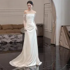 【送料無料】軽婚 オフショルダー サテン レース 長袖 フィッシュテール 小トレーン付き 高級感 上品 シンプル 結婚式 前撮り お色直し 迎賓 パーティー フォーマル 白 清楚 華やか 大人可愛い XXS XS S M L XL XXL XXXL