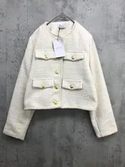 新品 INTER FACTORY インターファクトリー IF00000131 ツイード ノーカラー ジャケット sizeS/アイボリー ■■ レディース
