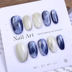 ネイルチップ　マグネットネイル　ニュアンス　大理石ネイル　春夏ネイル　　ブルー・ネイビー系　１０枚セット　卒業式　入学式　春休み　花見　桜　旅行