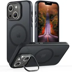 【新品】 【レンズスタンド内蔵】iPhone 14 用 ケース 米軍MIL規格 Magsafe対応 隠しスタンド 角度調整可能 マグネット搭載 ワイヤレス充電 磁力強い 耐衝撃 耐久性 黄変防止 半透明 アイフォン 14 用 ケース (ブラック, iPho 1