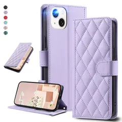 【新品】 UnivoColors 適用 iPhone 14 Plus キルティグレザー調 手帳型ケース エレガント 高質PU マグネット開閉式 カード収納機能 スタンド機能 液晶全面保護 レンズ保護 ストラップ付属(パープル)