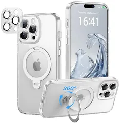 【新品】 iPhone 14 Pro 用 ケース【極限の透明感と保護力】 4in1 カメラ保護一体/MagSafe対応/360度回転スタンド/ストラップホール穴付き 縦横両対応 黄ばみ防止 ワイヤレス充電対応 耐衝撃 カメラフィルム マグネット搭載車載ホル 0