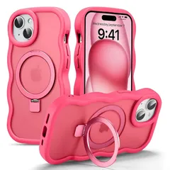 【新品】 UEEBAI 対応 iPhone 13/14 用の ケース 半透明 TPU ウェーブデザイン スマホケース 可愛い 人気 おしゃれ ケース Magsafe対応 横縦両立 薄型 軽量 マグネット搭載 波型 バンパー スマホケース - ホットピンク