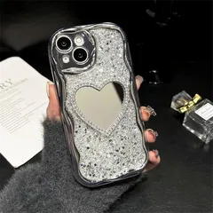 【新品】 iPhone 14 用 ケース ハート ミラー付き シルバー 韓国 なみなみ かわいいスマホケース キラキラ おしゃれ ソフト ウェーブ型 人気 TPU 携帯カバー 耐衝撃 全面保護