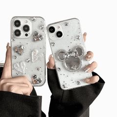 [신품] NICEHOLI iPhone 14용 케이스 디즈니의 만화 캐릭터 InStyle 모조 다이아몬드 하트형 전화 케이스 리본과 보석 장식 첨부 경면 마무리 하트 귀여운 미키 마우스 전화 케이스 TPU 소프트 쉘 만화 내충격 소 0