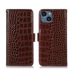 【新品】 For iPhone 14 ケース 手帳型 本革 14 牛革 財布型 鰐柄 クロコダイル柄 耐衝撃 [RFIDブロッキング] カード収納 マグネット式ボタン 横置きスタンド機能 便利 財布型携帯 スマホケース ダークブラウン Rureu, Eyu-1