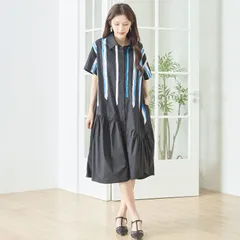 ★SALE★NEW Spring/Summer★【TRUBE】ペイントストライプ ギャザー切替 シャツワンピース【N82-485】 レディース 婦人服 トップス 半袖 綿100％ コットン おしゃれ 上品 大人可愛い きれいめ 春 夏  ブラック（M~L）