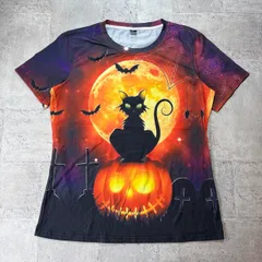 O-663 アニマル Halloween Cat グラフィックプリントTシャツ サイズL