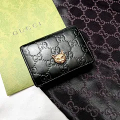 ◇激レア美品◇グッチ　キャットヘッド×シマレザー　コンパクト折り財布　ブラック