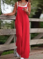 【レッド】サロペット レディース オールインワン ワイドパンツ ゆったり 楽ちん 体型カバー 夏 ナチュラル カジュアル