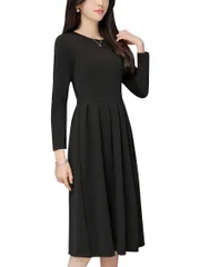 【特価セール】[ルナー ベリー] ワンピース ブラック フォーマル 無地 膝丈 クルーネック レディース 411