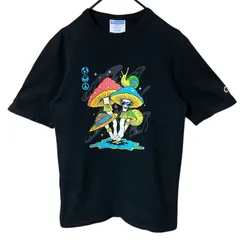 S チャンピオン ビッグプリント マッシュルーム きのこ  ブラック 黒 Tシャツ レディース ユニセックス メンズ 古着 半袖 CHM