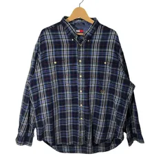 90's vintage 90年代 ヴィンテージ TOMMY HILFIGER トミーヒルフィガー チェック柄 チェックシャツ 長袖 シャツ ボタンダウン ワンポイントロゴ刺繡 オーバーサイズ インドネシア製 XLサイズ ネイビー ブルー