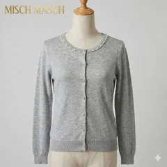 ミッシュマッシュ ビジュー パール装飾 クルーネックカーディガン M ライトグレー #K027-88