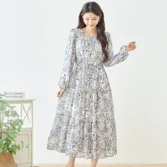 ★SALE★NEW Spring/Summer★【TRUBE】オリエンタル柄 ウエストリボン ティアード ロングワンピース【N82-450B】 レディース 婦人服 洋服 長袖 総柄 おしゃれ 上品 大人可愛い きれいめ 春 夏 ブルー（M~L）