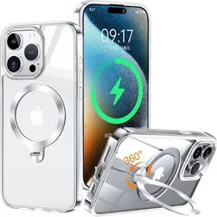 【全身透き通る上質さ！360°回転CD スタンド】ZapNet iPhone 15 Pro Max用 クリア ケース Magsafe 対応 [定点スタンド・超絶安定性][本体を再現・極透明]ストラップホール付き マグセーフ ワイヤレス充電対応(クリア)