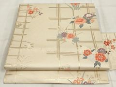 ほんのり生成り色に桜と菊　京袋帯（全通・両面） ほんのり生成り色に桜と菊 京袋帯（全通・両面） - メルカリ