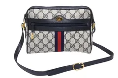 GUCCI グッチ オールドグッチ シェリーライン 010・378 GGロゴ pvc ショルダーバッグ カラー ネイビー ブラウン 美品 中古 4b011881