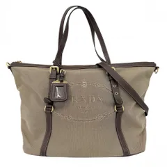 プラダ 2WAY レディース トートバッグ ショルダーバッグ 肩掛け PRADA 1BG253 キャンバス レザー ベージュ ブラウン 茶 ゴールド金具【中古品】